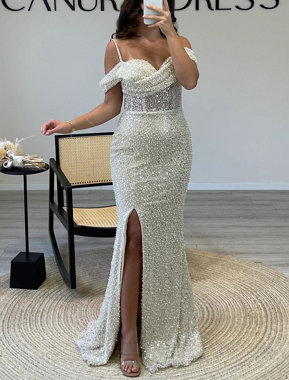 A-Line Prom Dresses Glittering Dress Formal Prom Floor Length Sleeveless Spaghetti Strap Sequined with Pearls Sequin